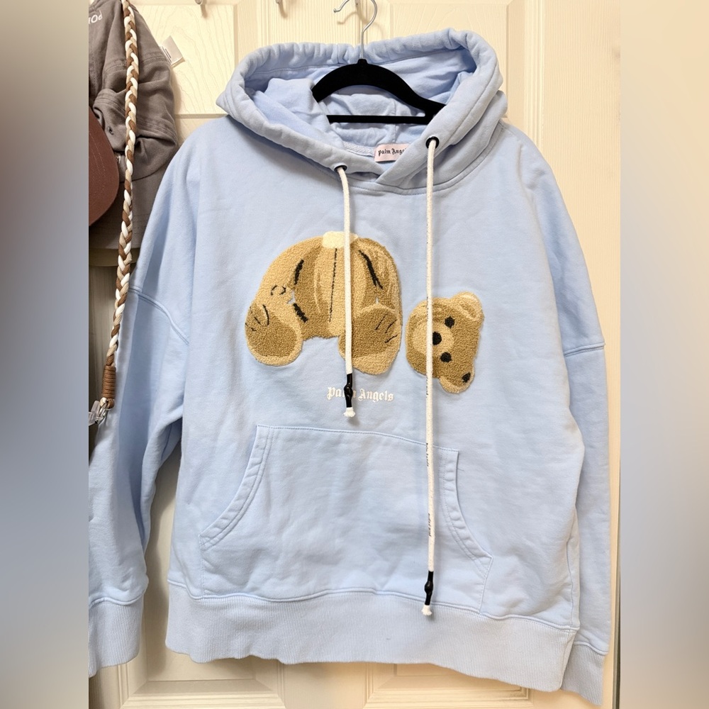 Palm Angels Pale Blue Hoodie with Beige Teddy Applique